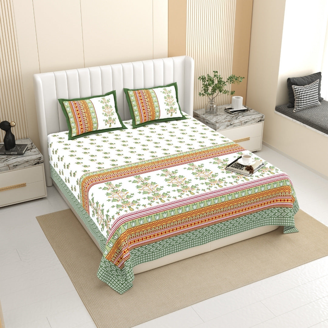 Tulip Bunch Jaipuri Print Green Gold 240 TC Cotton King Size Bedsheet