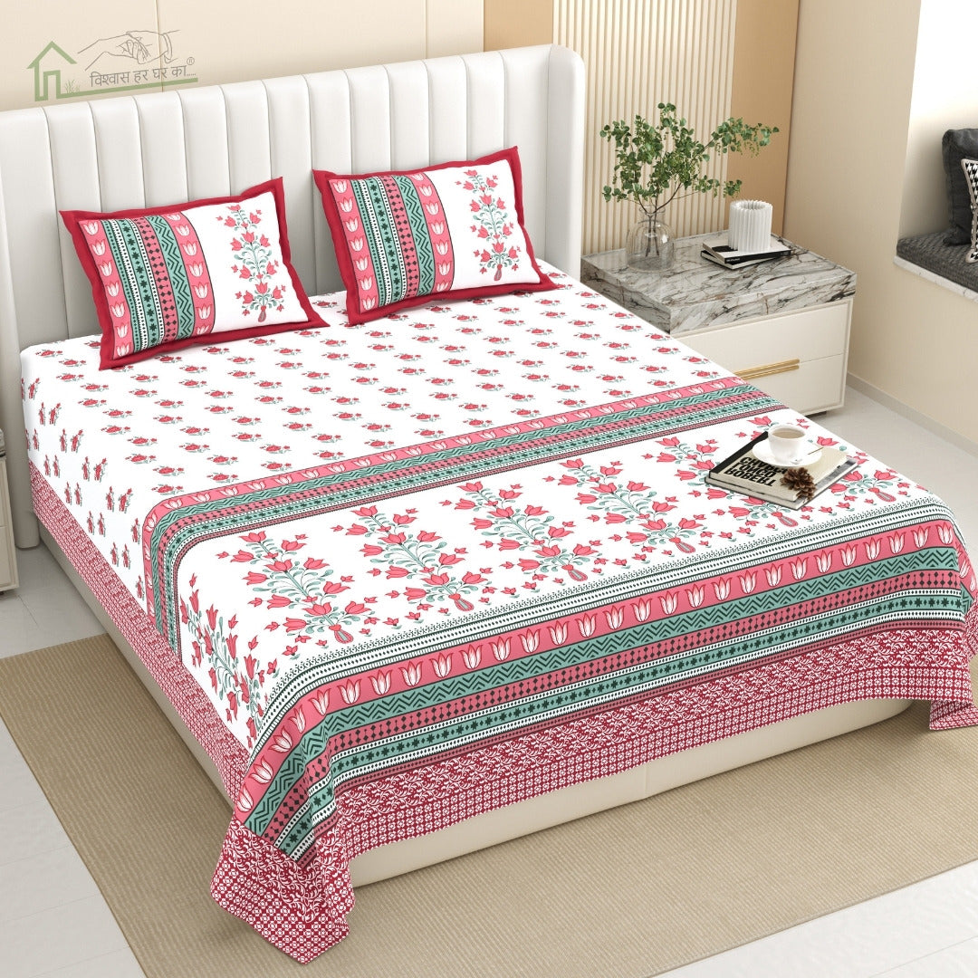 Tulip Bunch Jaipuri Print Pink Maroon 240 TC Cotton King Size Bedsheet