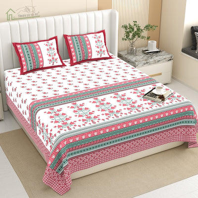 Tulip Bunch Jaipuri Print Pink Maroon 240 TC Cotton King Size Bedsheet