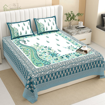 Ambi Paisley Floral Jaipuri Teal Blue 240 TC Cotton King Size Bedsheet