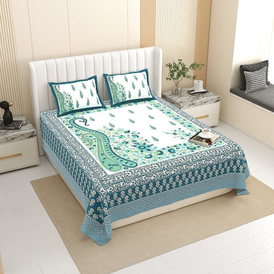 Ambi Paisley Floral Jaipuri Teal Blue 240 TC Cotton King Size Bedsheet