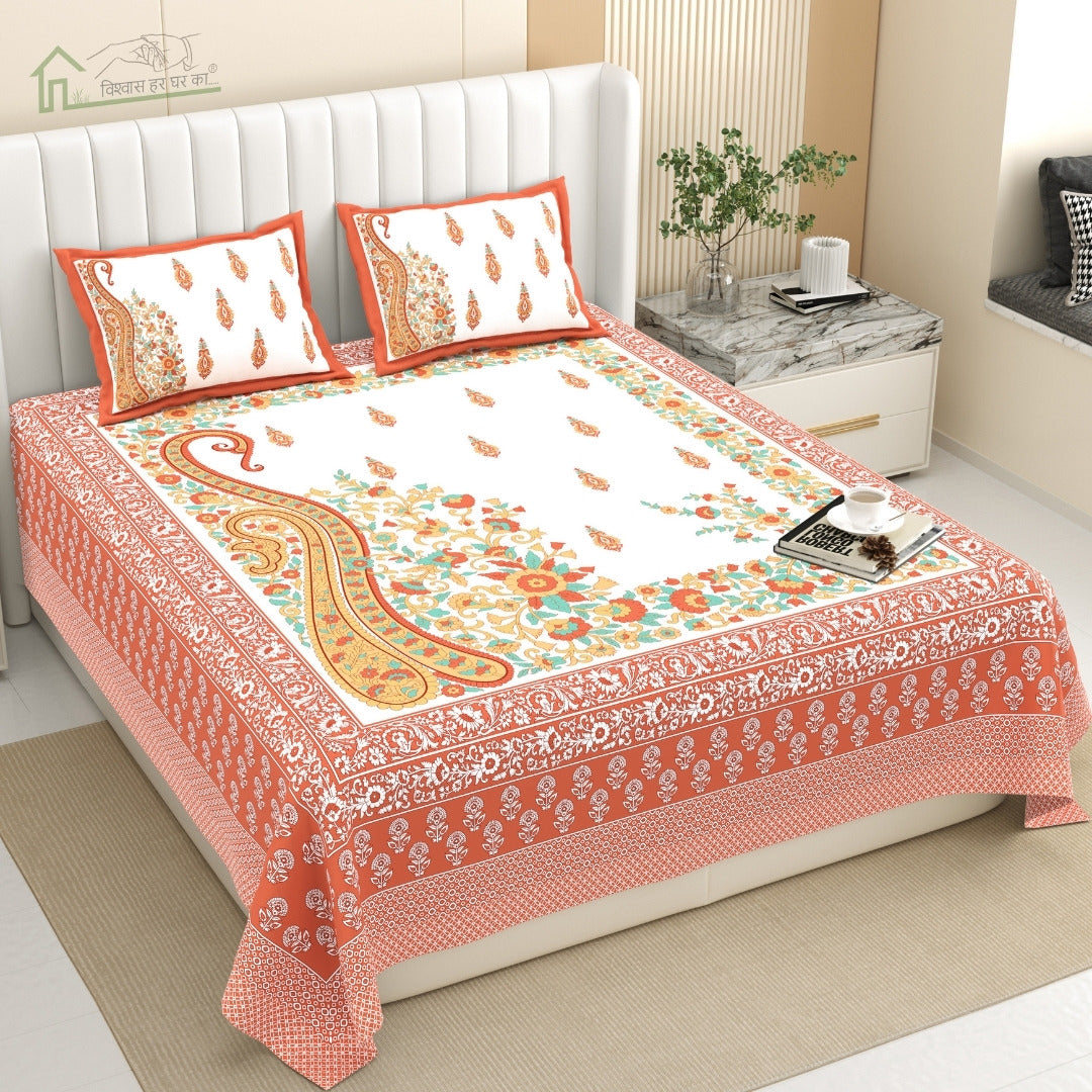 Ambi Paisley Floral Jaipuri Coral Orange 240 TC Cotton King Size Bedsheet