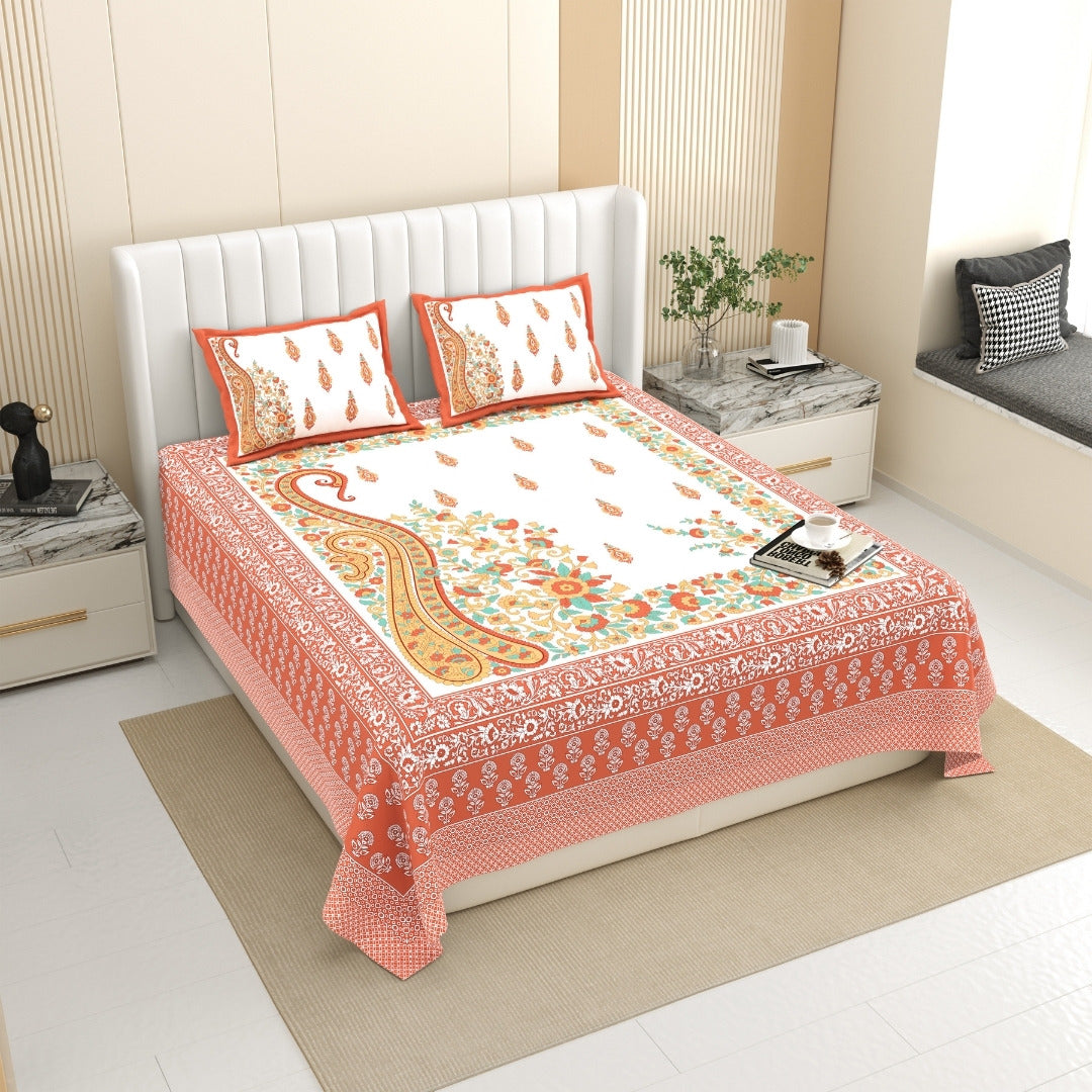 Ambi Paisley Floral Jaipuri Coral Orange 240 TC Cotton King Size Bedsheet