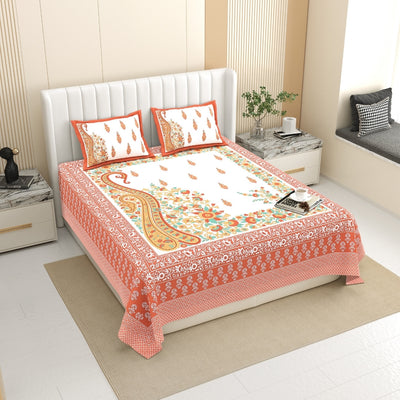 Ambi Paisley Floral Jaipuri Coral Orange 240 TC Cotton King Size Bedsheet