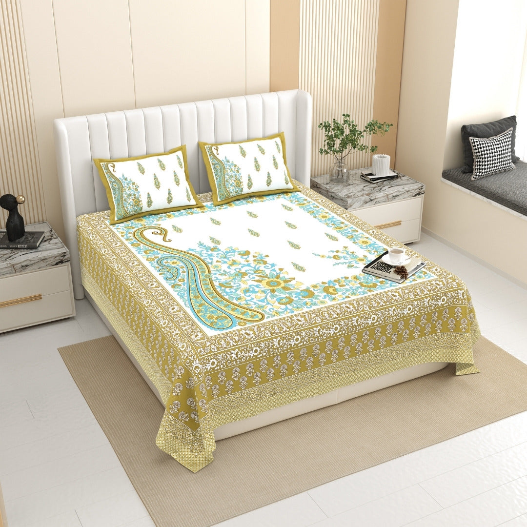 Ambi Paisley Floral Jaipuri Olive Gold 240 TC Cotton King Size Bedsheet