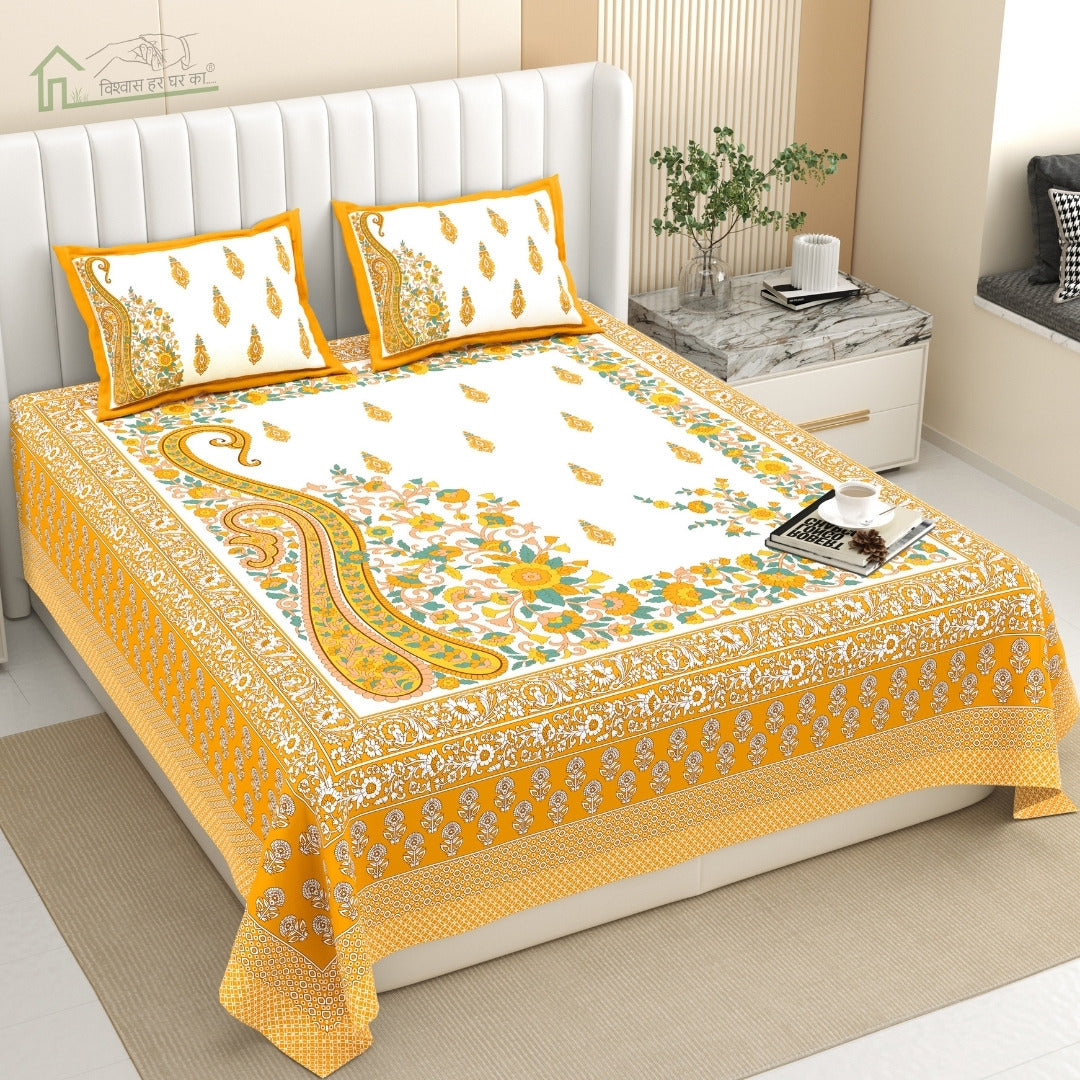 Ambi Paisley Floral Jaipuri Mustard Yellow 240 TC Cotton King Size Bedsheet