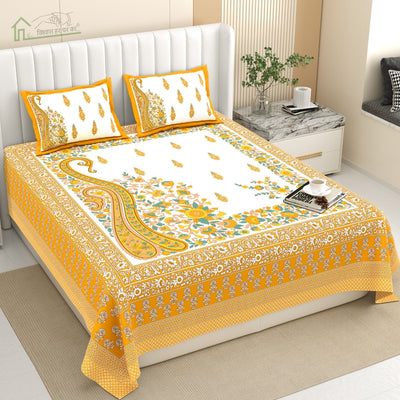 Ambi Paisley Floral Jaipuri Mustard Yellow 240 TC Cotton King Size Bedsheet