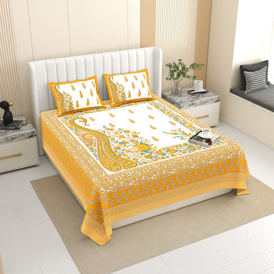 Ambi Paisley Floral Jaipuri Mustard Yellow 240 TC Cotton King Size Bedsheet