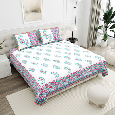 Cyan & Pink Paisley Border Print 100% Pure Cotton Jaipuri King Size Bedsheet with 2 Pillow Covers