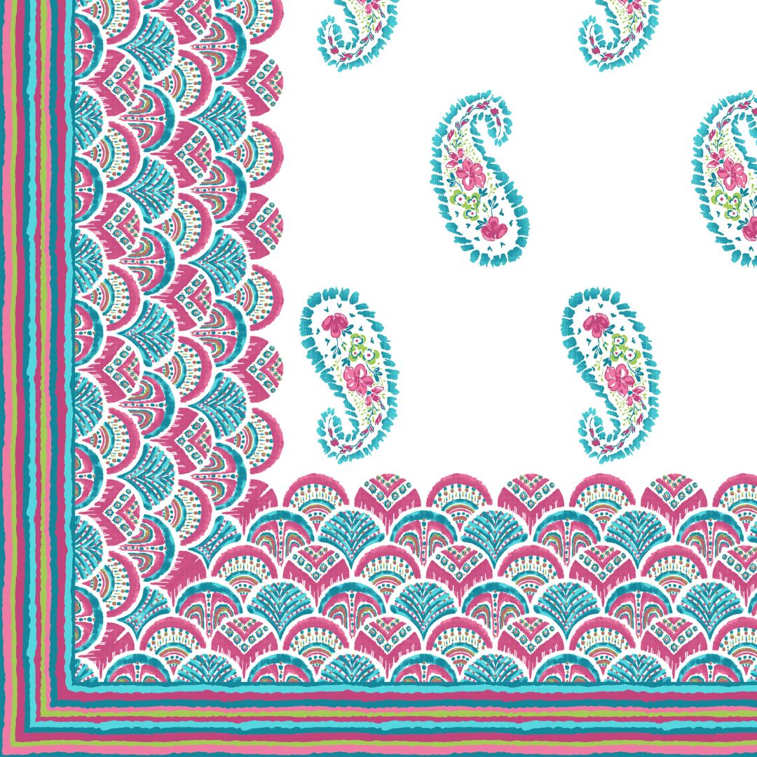 Cyan & Pink Paisley Border Print 100% Pure Cotton Jaipuri King Size Bedsheet with 2 Pillow Covers