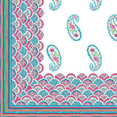 Cyan & Pink Paisley Border Print 100% Pure Cotton Jaipuri King Size Bedsheet with 2 Pillow Covers