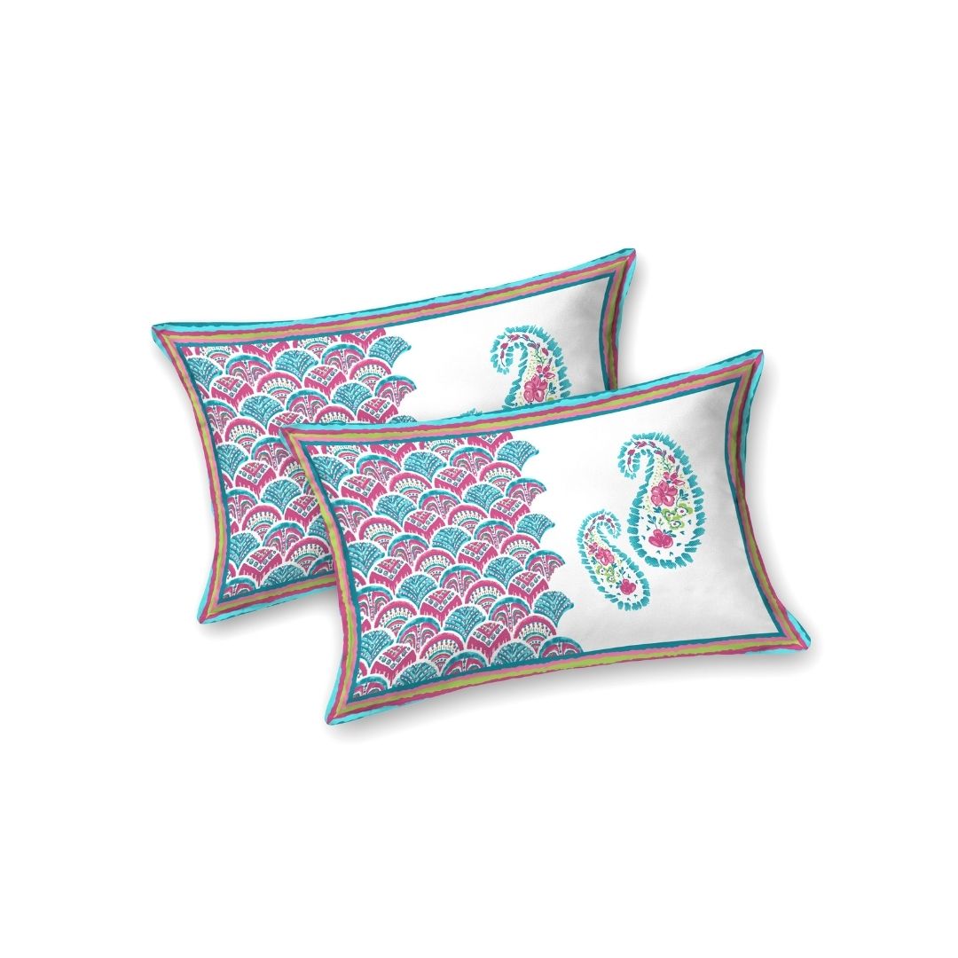 Cyan & Pink Paisley Border Print 100% Pure Cotton Jaipuri King Size Bedsheet with 2 Pillow Covers