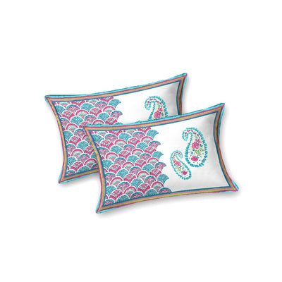 Cyan & Pink Paisley Border Print 100% Pure Cotton Jaipuri King Size Bedsheet with 2 Pillow Covers