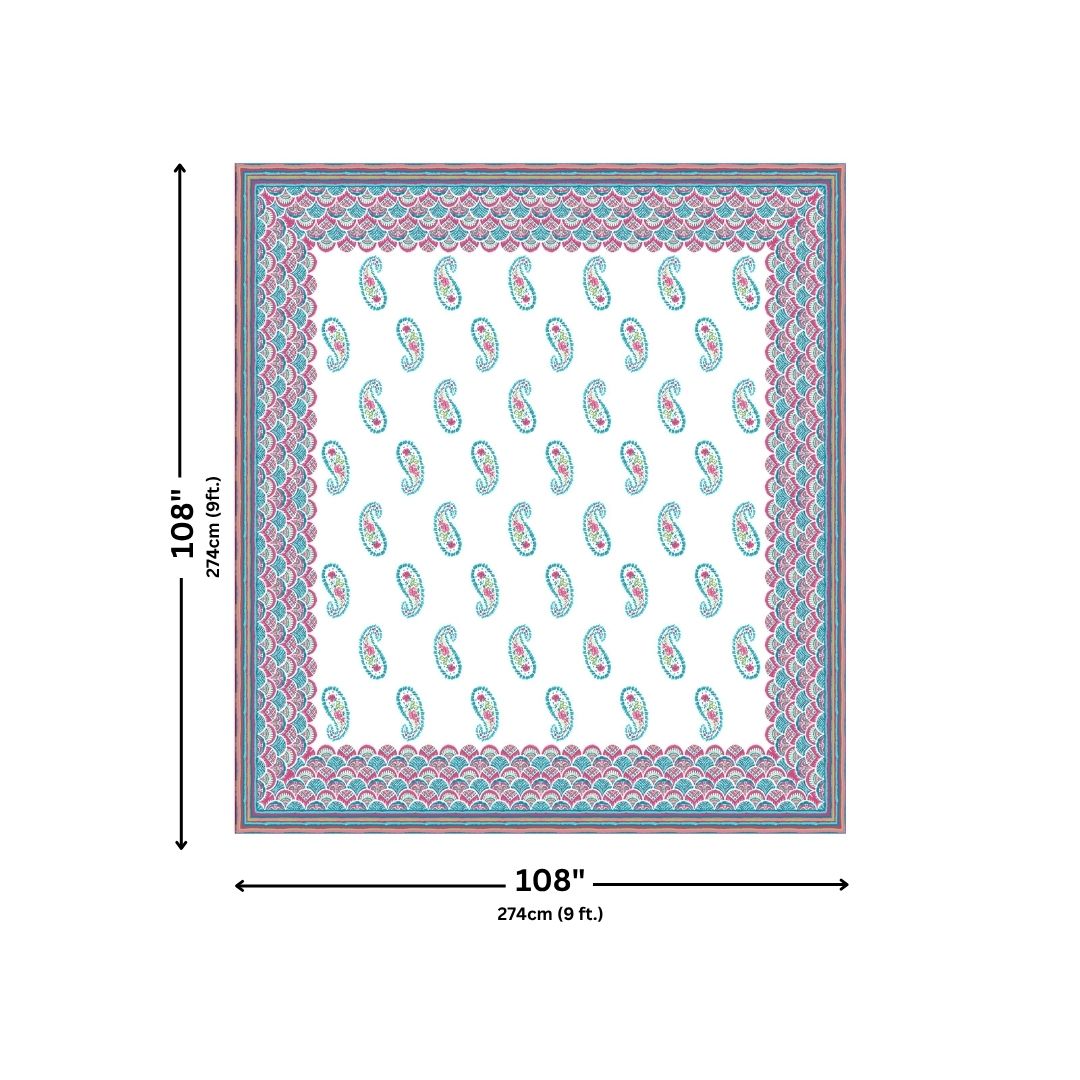 Cyan & Pink Paisley Border Print 100% Pure Cotton Jaipuri King Size Bedsheet with 2 Pillow Covers
