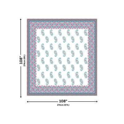 Cyan & Pink Paisley Border Print 100% Pure Cotton Jaipuri King Size Bedsheet with 2 Pillow Covers