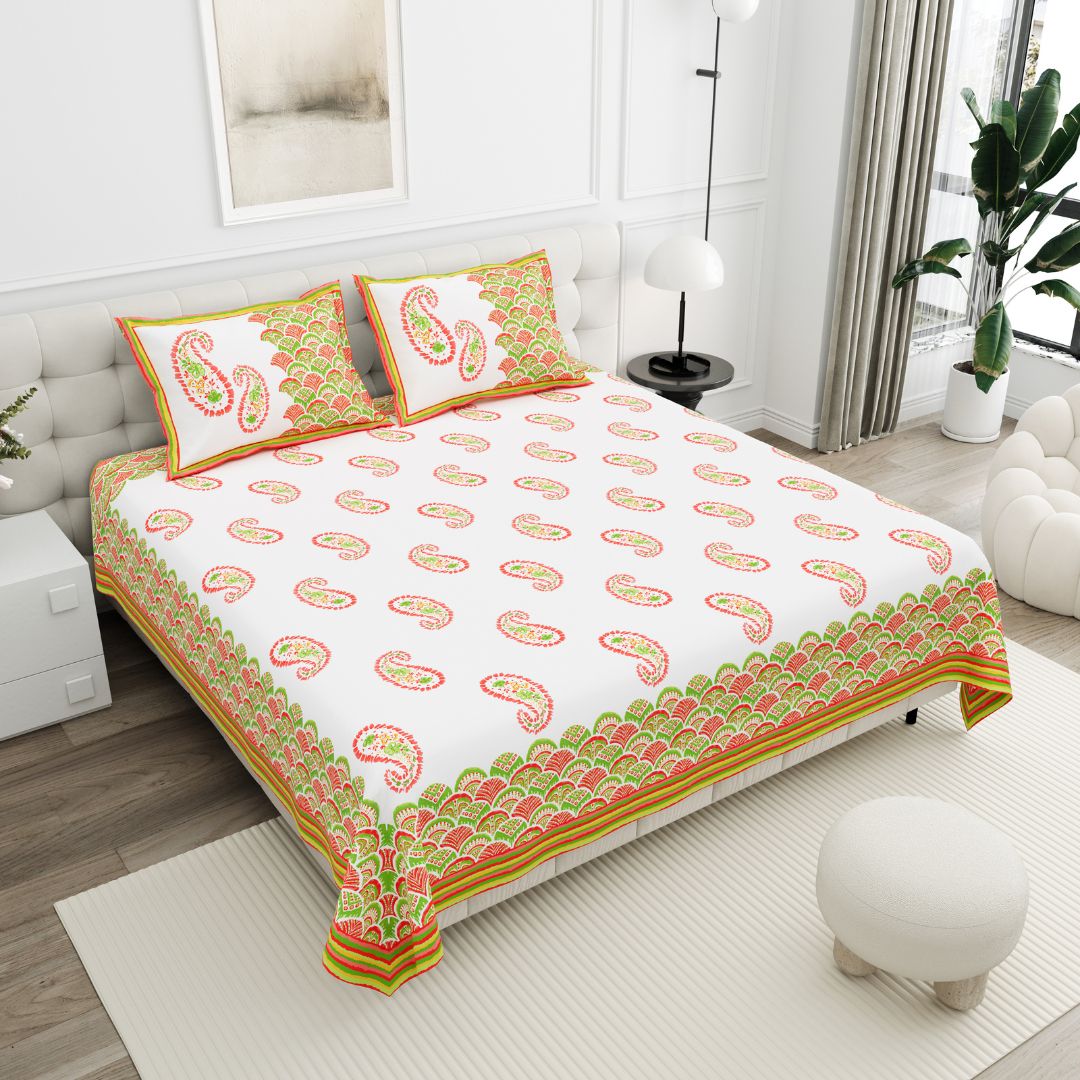 Lime Yellow & Green Paisley Border Print 100% Pure Cotton Jaipuri King Size Bedsheet with 2 Pillow Covers