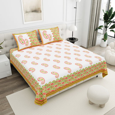 Lime Yellow & Green Paisley Border Print 100% Pure Cotton Jaipuri King Size Bedsheet with 2 Pillow Covers