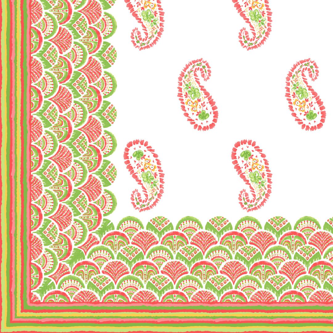 Lime Yellow & Green Paisley Border Print 100% Pure Cotton Jaipuri King Size Bedsheet with 2 Pillow Covers
