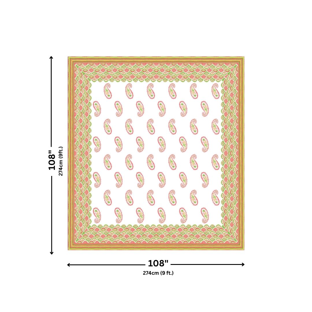 Lime Yellow & Green Paisley Border Print 100% Pure Cotton Jaipuri King Size Bedsheet with 2 Pillow Covers