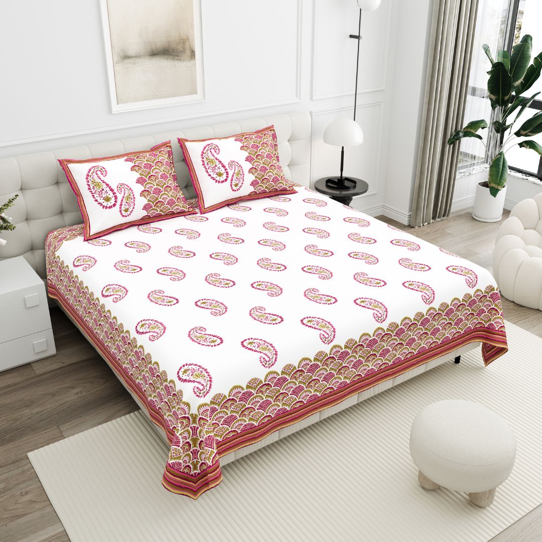 Magenta & Olive Paisley Border Print 100% Pure Cotton Jaipuri King Size Bedsheet with 2 Pillow Covers