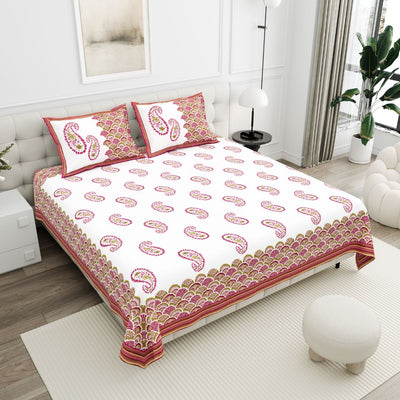 Magenta & Olive Paisley Border Print 100% Pure Cotton Jaipuri King Size Bedsheet with 2 Pillow Covers