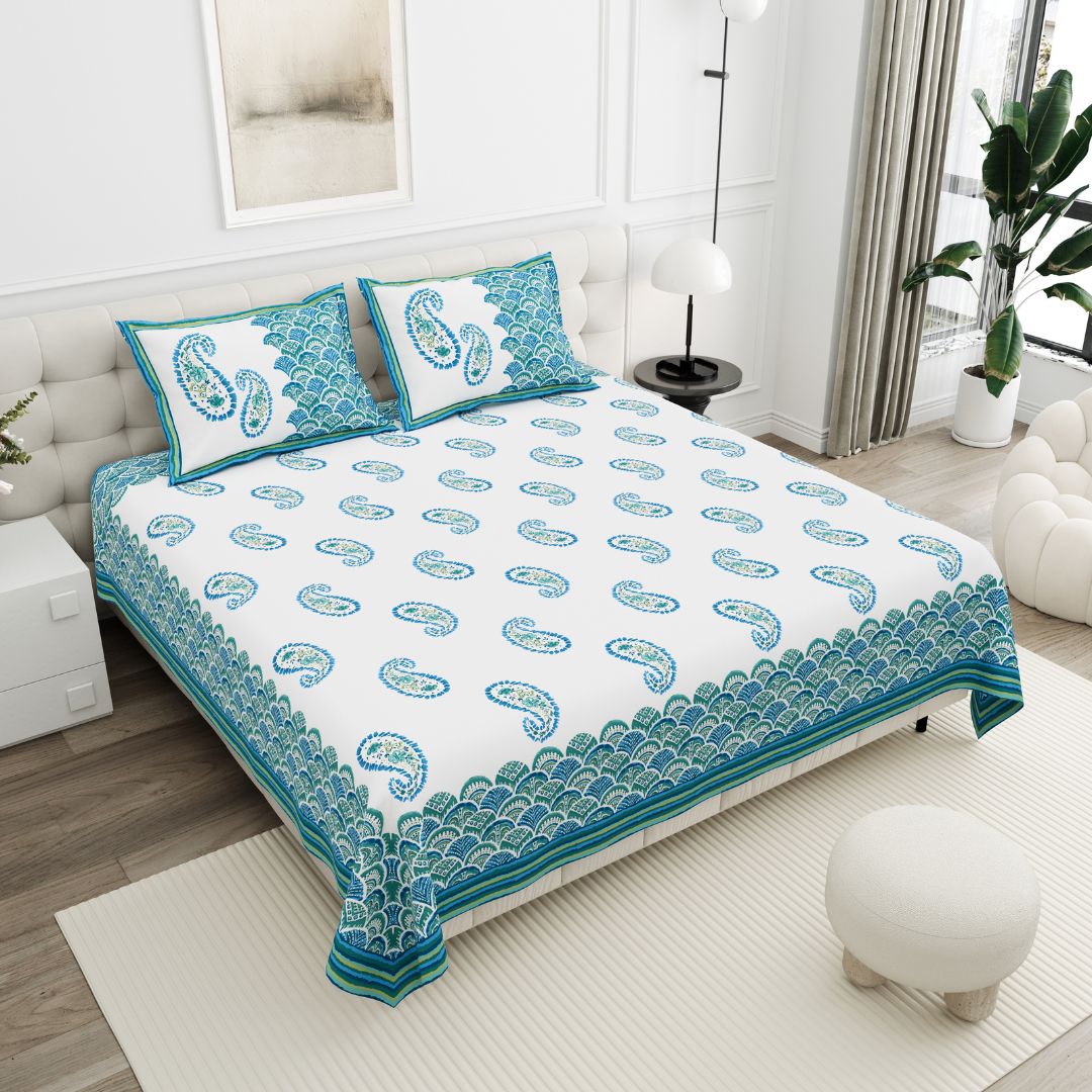 Turquoise & Sea Green Paisley Border Print 100% Pure Cotton Jaipuri King Size Bedsheet with 2 Pillow Covers