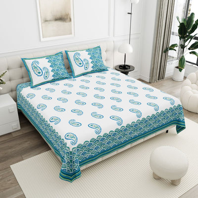 Turquoise & Sea Green Paisley Border Print 100% Pure Cotton Jaipuri King Size Bedsheet with 2 Pillow Covers