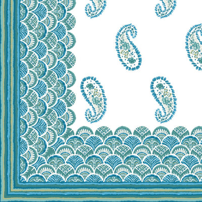 Turquoise & Sea Green Paisley Border Print 100% Pure Cotton Jaipuri King Size Bedsheet with 2 Pillow Covers