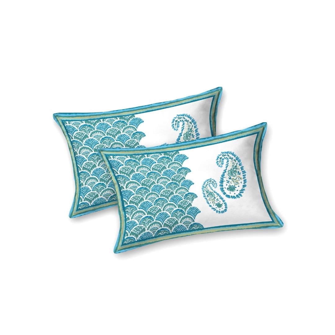 Turquoise & Sea Green Paisley Border Print 100% Pure Cotton Jaipuri King Size Bedsheet with 2 Pillow Covers