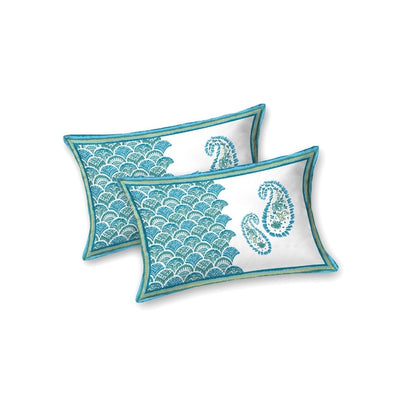 Turquoise & Sea Green Paisley Border Print 100% Pure Cotton Jaipuri King Size Bedsheet with 2 Pillow Covers