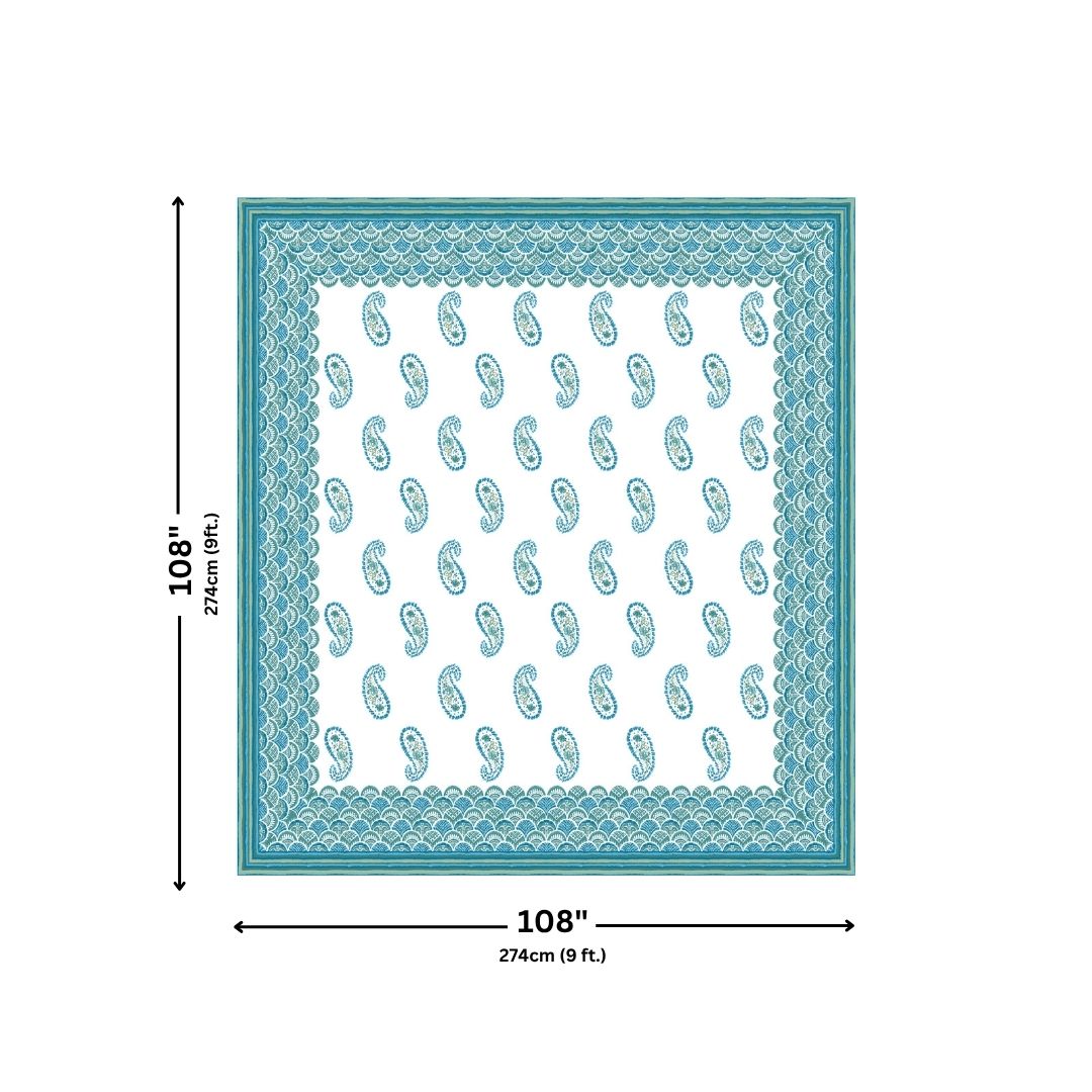 Turquoise & Sea Green Paisley Border Print 100% Pure Cotton Jaipuri King Size Bedsheet with 2 Pillow Covers