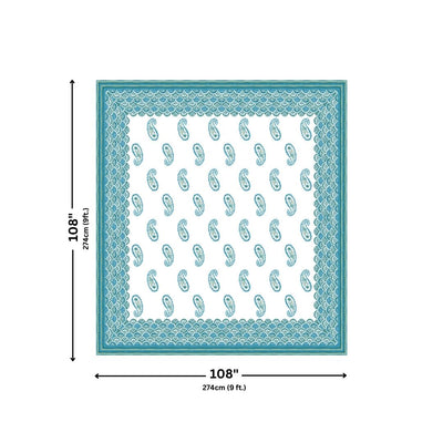 Turquoise & Sea Green Paisley Border Print 100% Pure Cotton Jaipuri King Size Bedsheet with 2 Pillow Covers