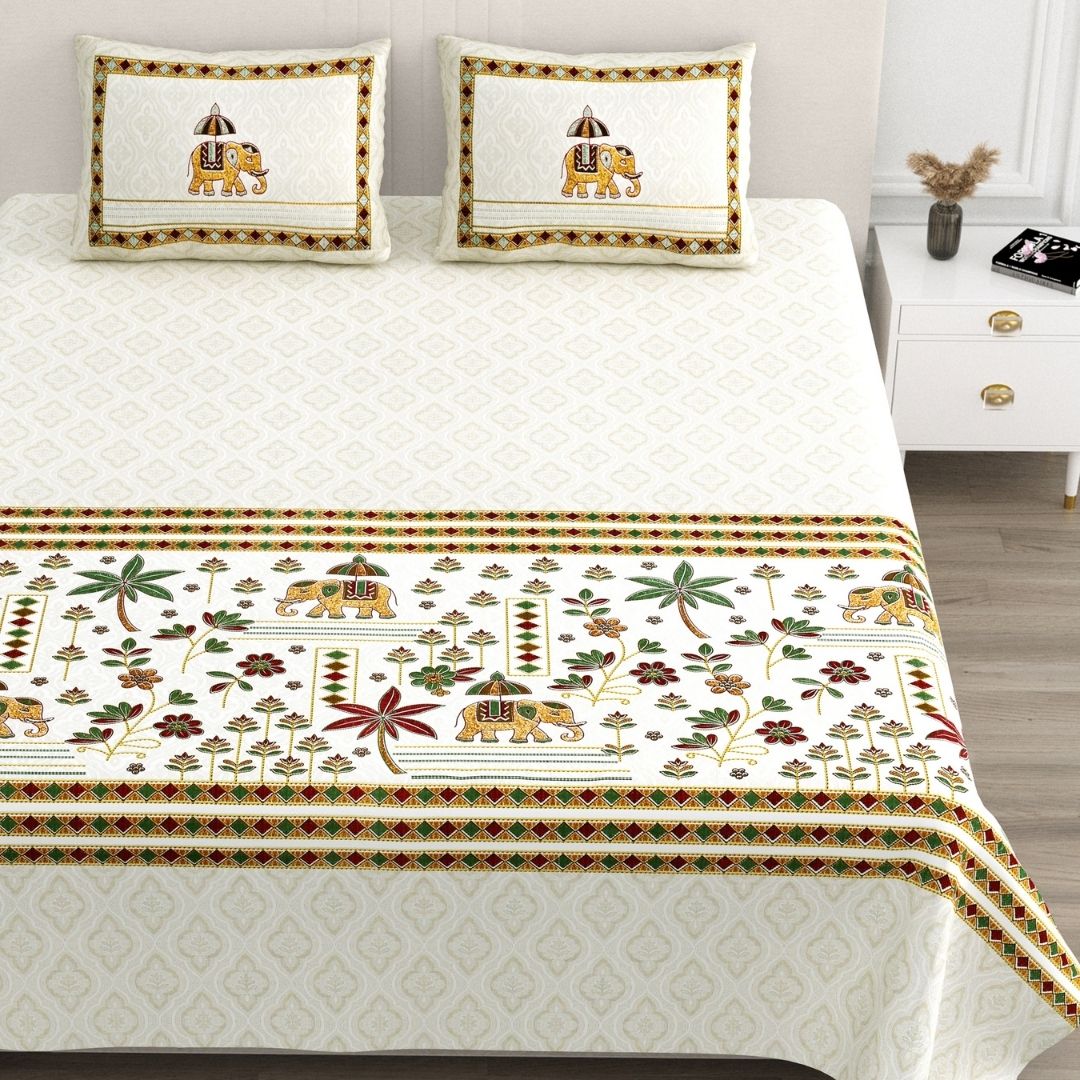 Rajwadi Haathi Pure Cotton Festive King Size Bedsheet
