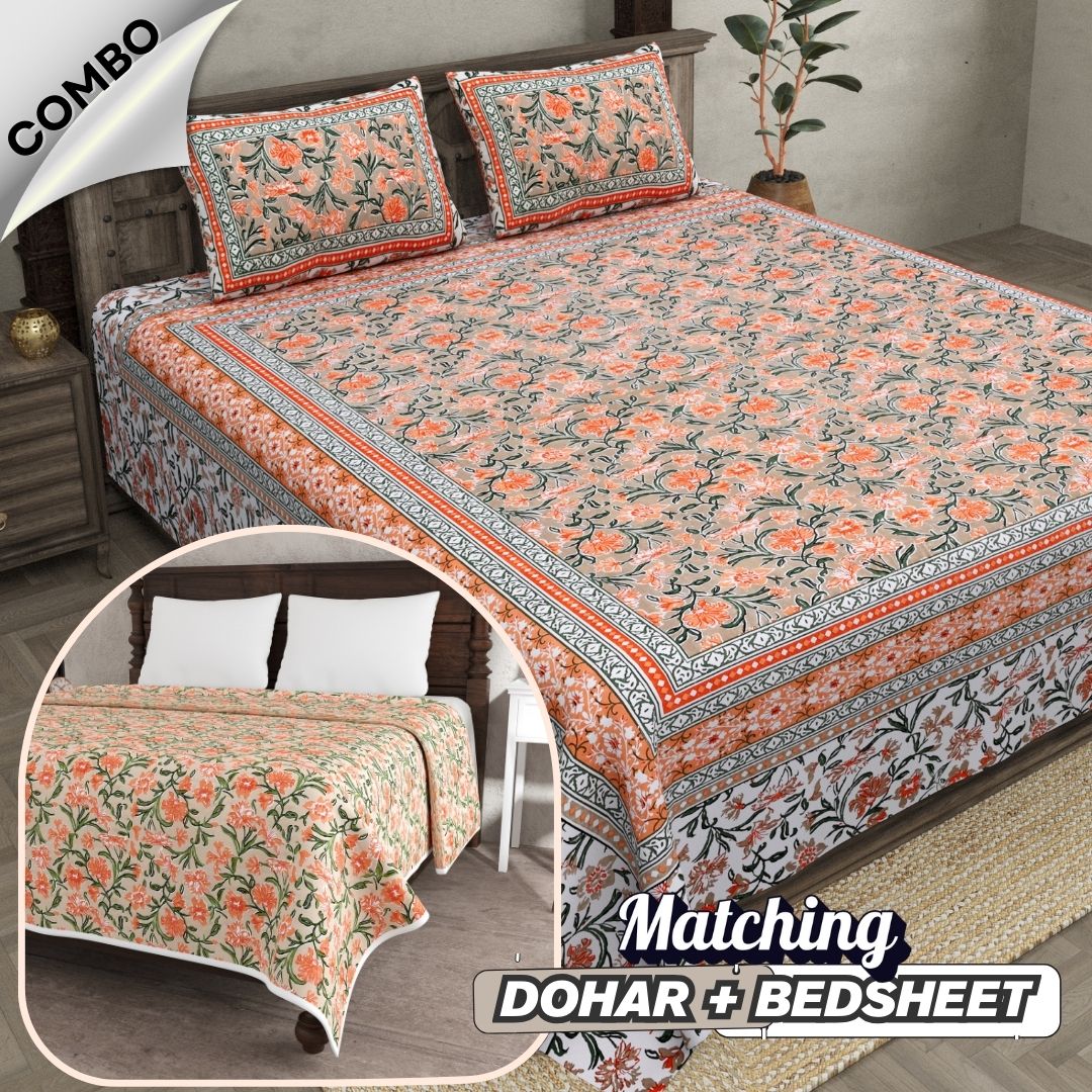 Bloom Coral Combo of Pure Cotton Double Bedsheet and Double Bed Dohar