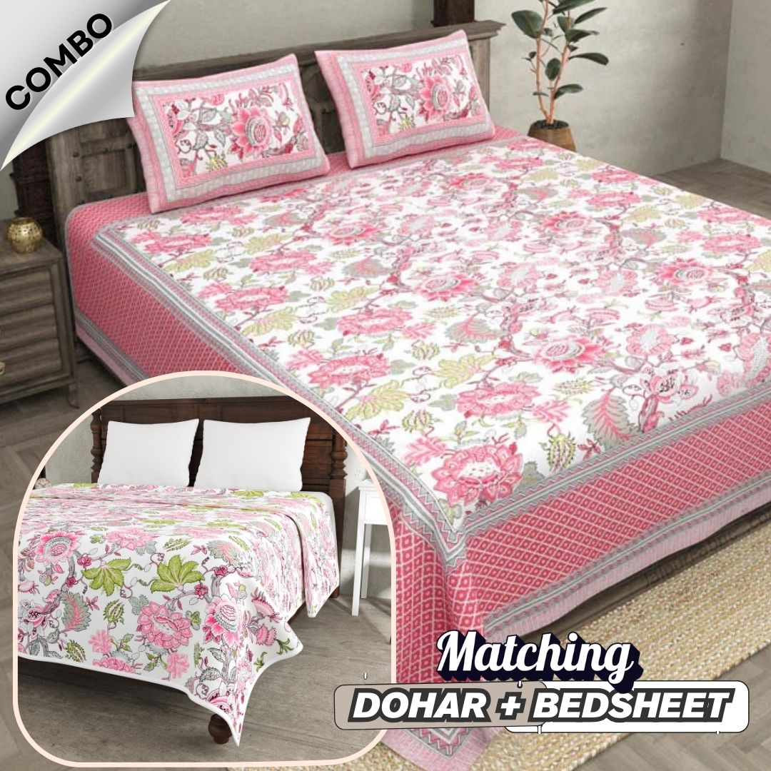 Bloom Pink Combo of Pure Cotton Double Bedsheet and Double Bed Dohar