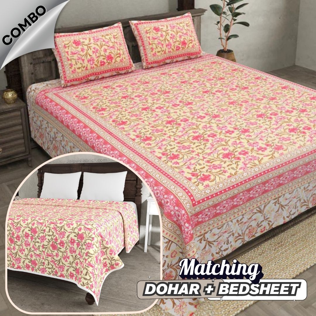 Bloom Peach Combo of Pure Cotton Double Bedsheet and Double Bed Dohar