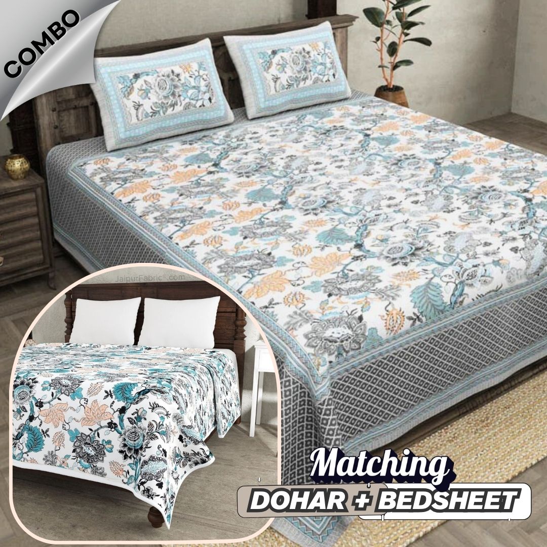 Botanica Teal Grey Combo of Pure Cotton Double Bedsheet and Double Bed Dohar