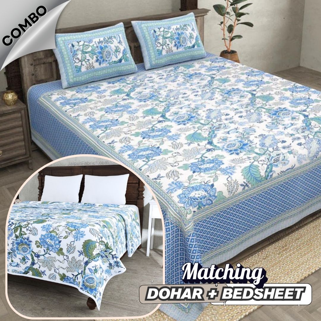 Botanica Blue Green Combo of Pure Cotton Double Bedsheet and Double Bed Dohar