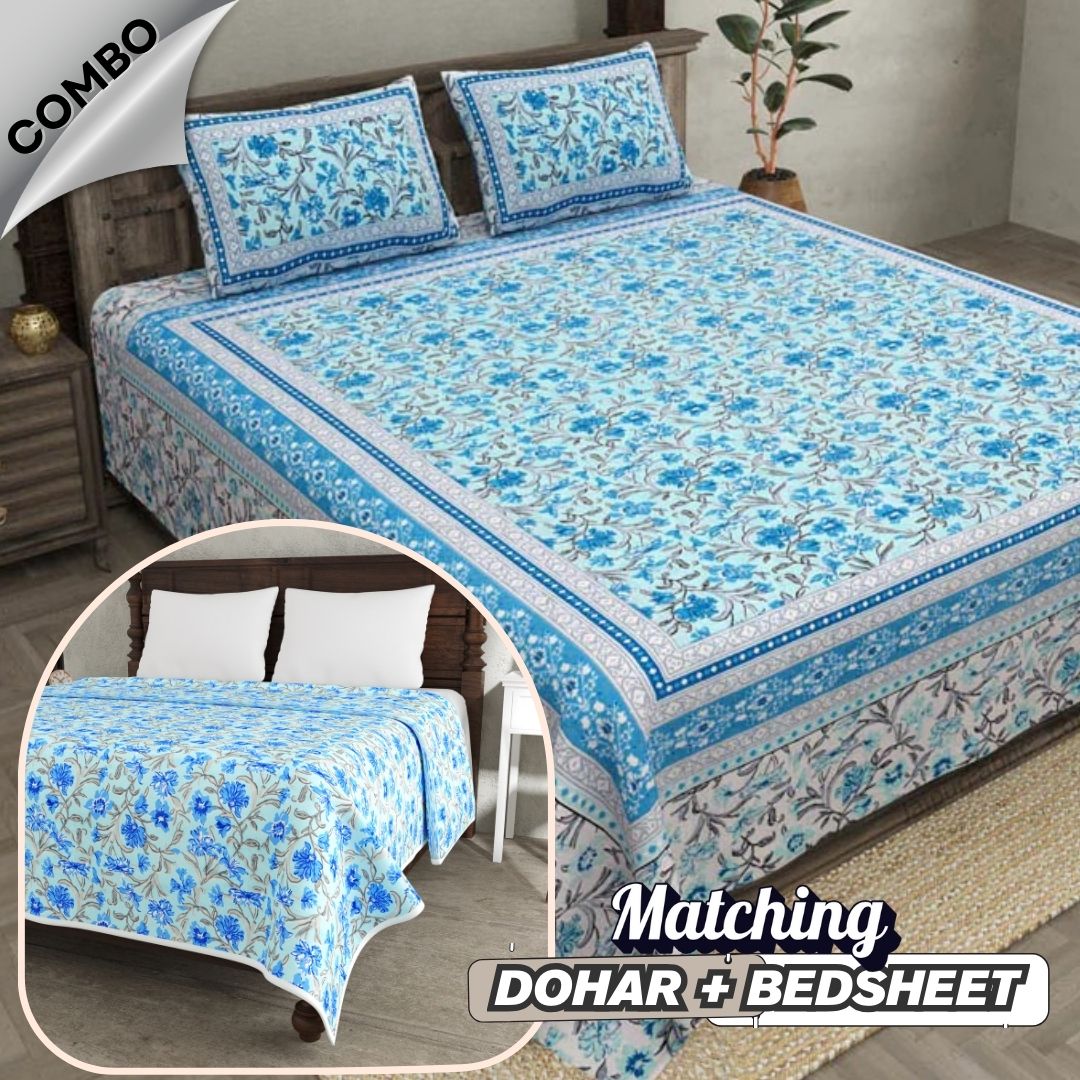Botanica Sky Blue Combo of Pure Cotton Double Bedsheet and Double Bed Dohar