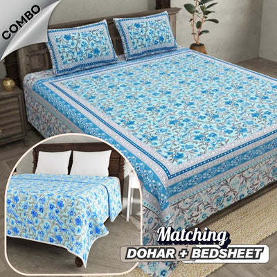 Botanica Sky Blue Combo of Pure Cotton Double Bedsheet and Double Bed Dohar