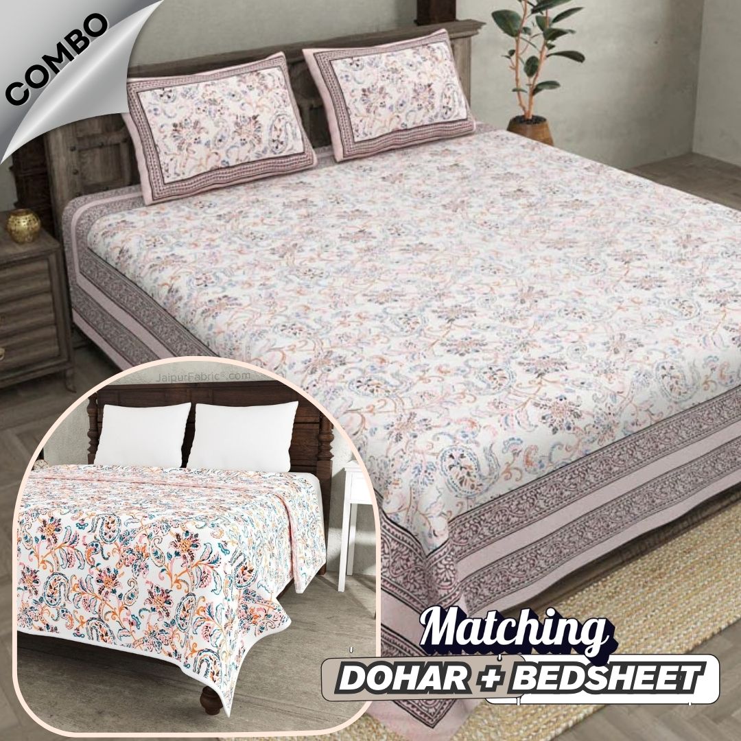 Paisley Trails Mauve Combo of Pure Cotton Double Bedsheet and Double Bed Dohar