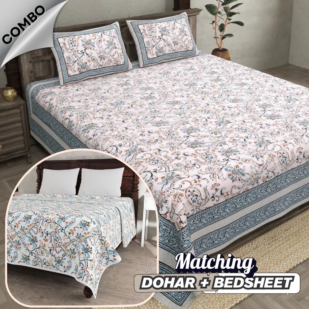 Paisley Trails Aqua Combo of Pure Cotton Double Bedsheet and Double Bed Dohar