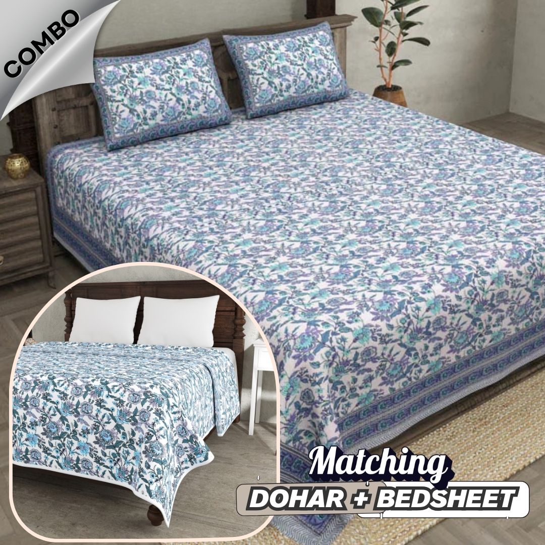 Indigo Garden Violet Combo of Pure Cotton Double Bedsheet and Double Bed Dohar