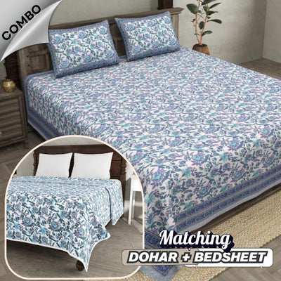 Indigo Garden Violet Combo of Pure Cotton Double Bedsheet and Double Bed Dohar