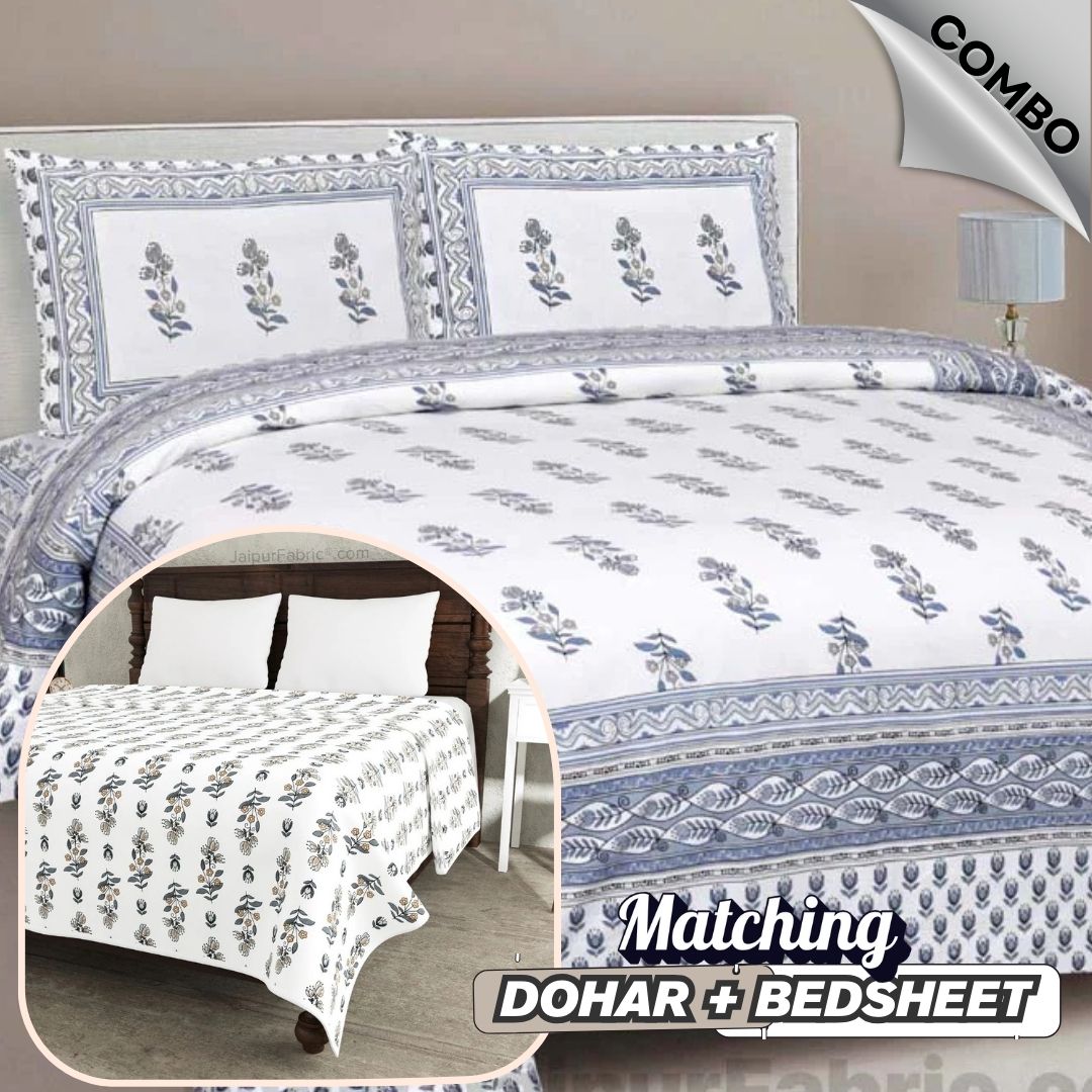 Lotus Vine Indigo White Combo of Pure Cotton Double Bedsheet and Double Bed Dohar