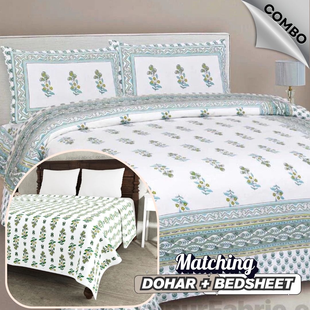 Lotus Vine Aqua Mint Combo of Pure Cotton Double Bedsheet and Double Bed Dohar