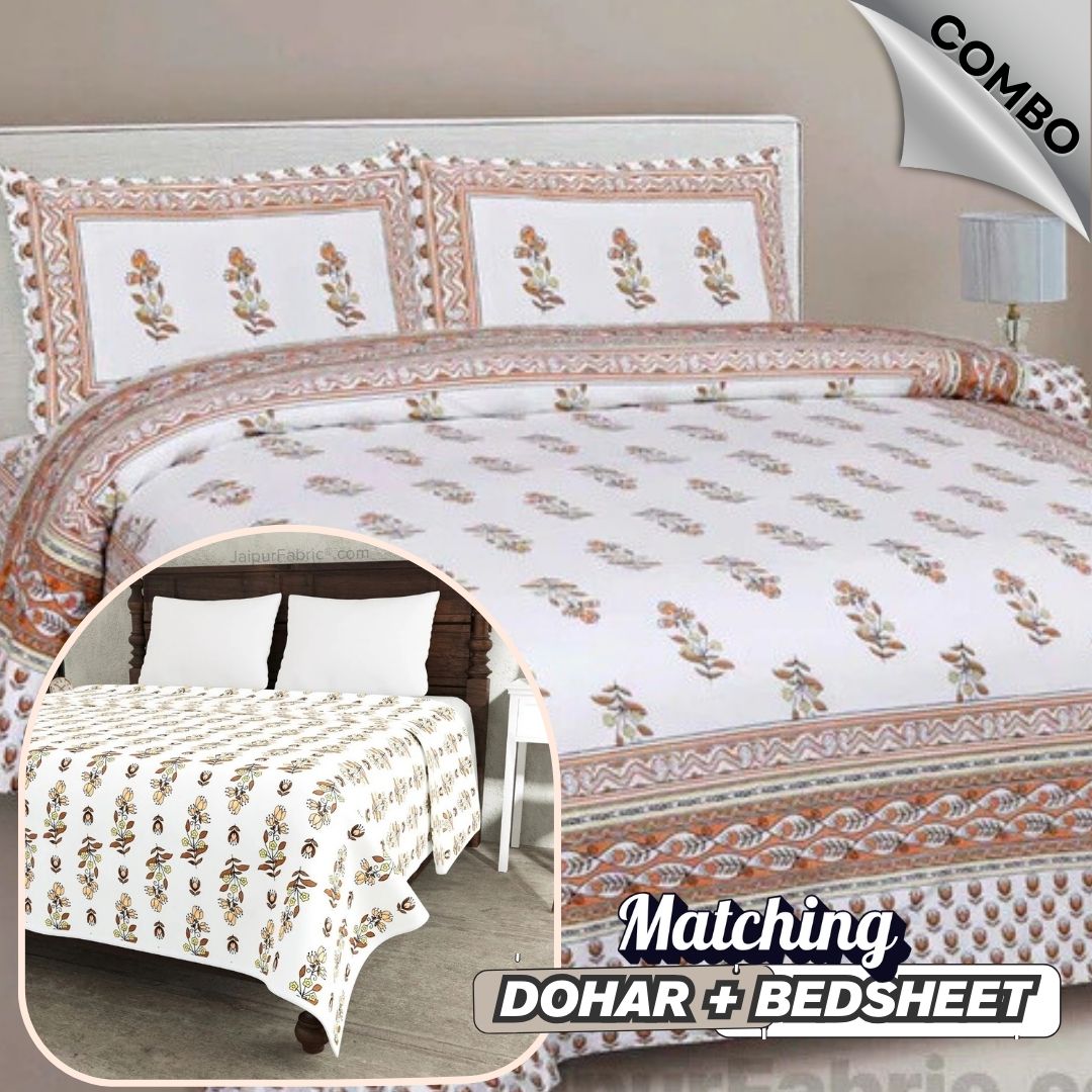 Lotus Vine Rust Brown Combo of Pure Cotton Double Bedsheet and Double Bed Dohar