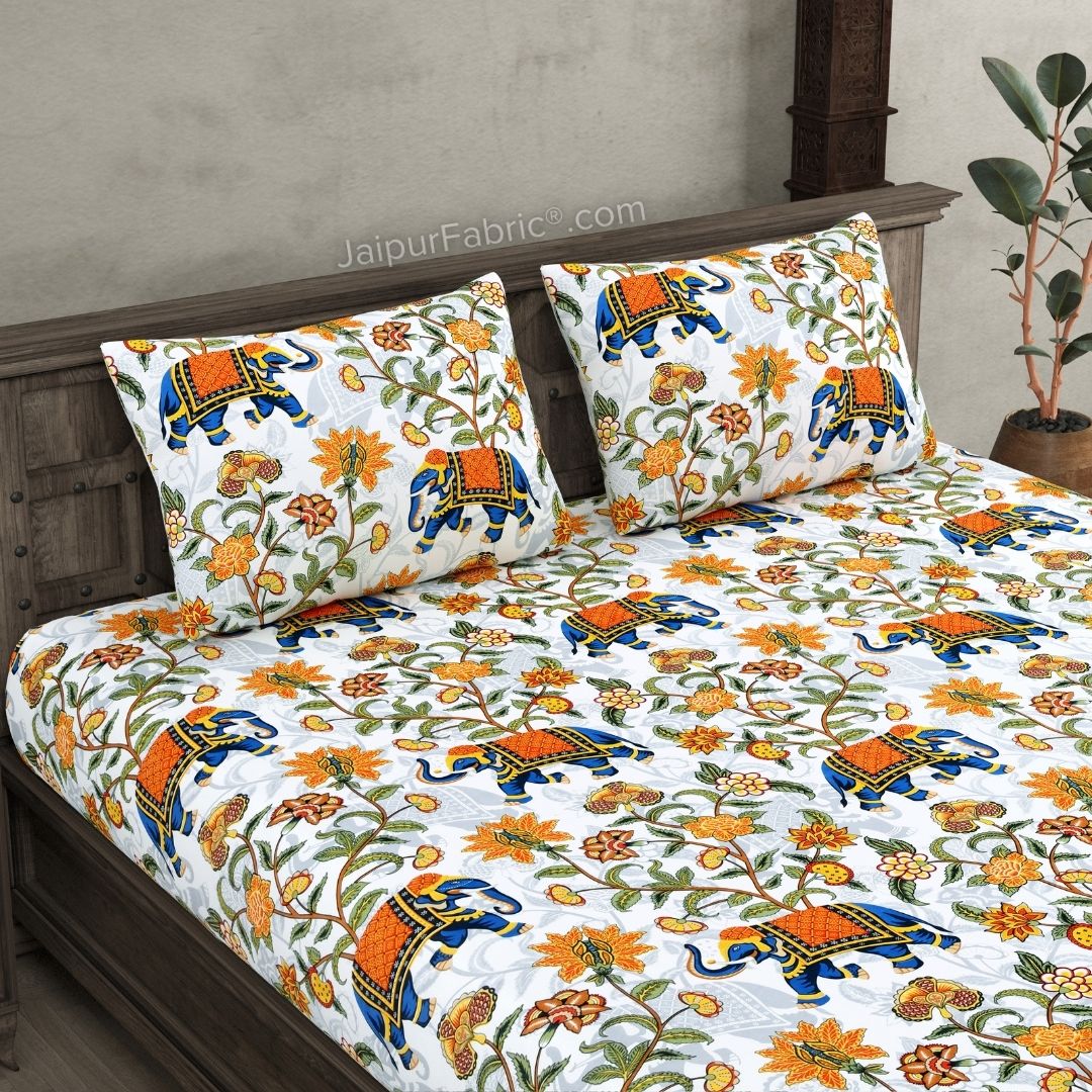 Royal Blue Elephant Garden Queen Size Bedsheet