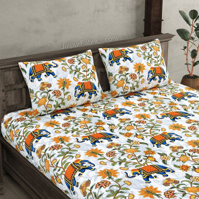 Royal Blue Elephant Garden Queen Size Bedsheet
