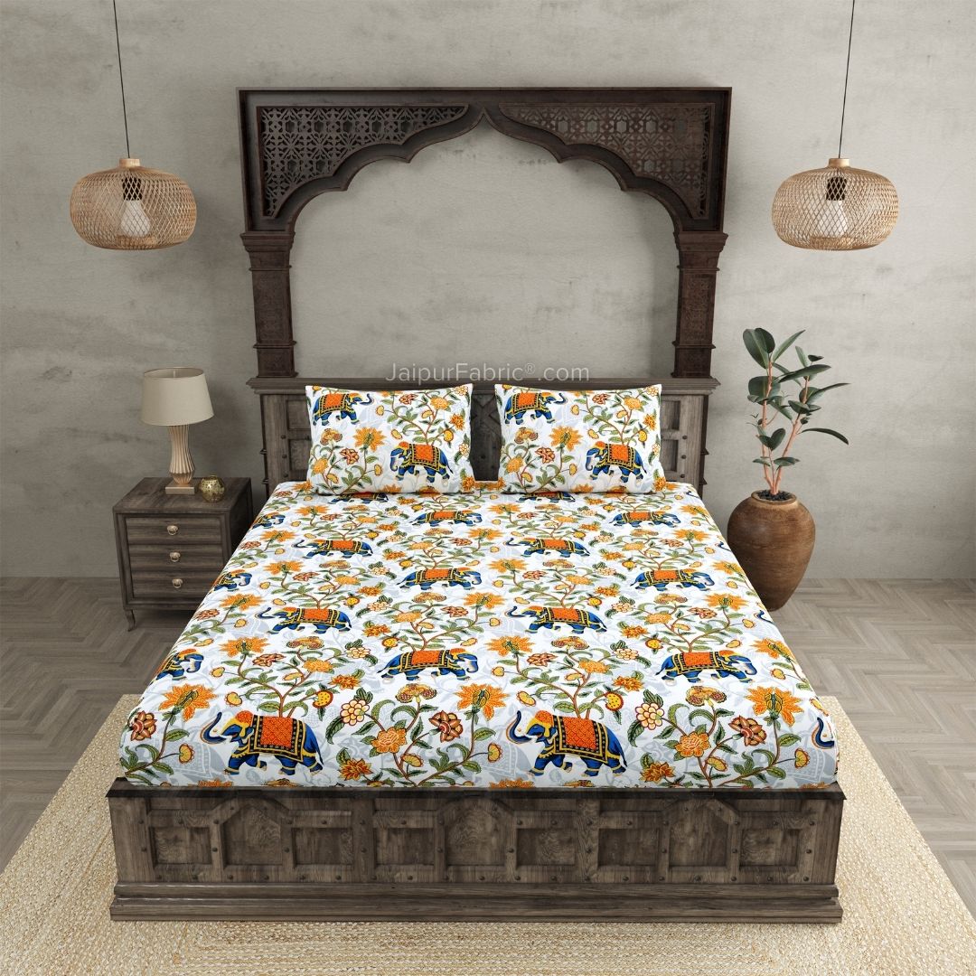 Royal Blue Elephant Garden Queen Size Bedsheet